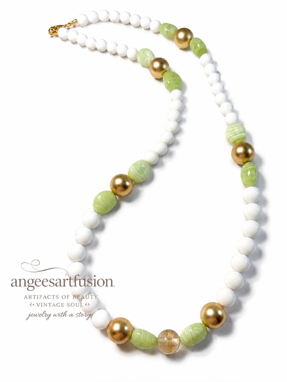 White & Celery Green Beaded Necklace 28” Handmade